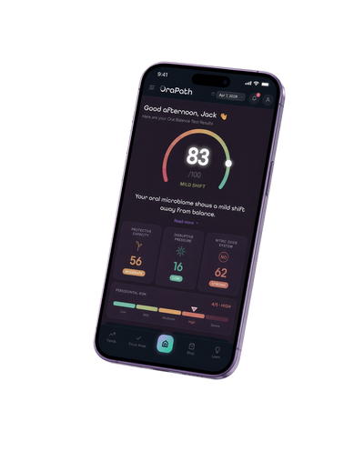 The OraPath app on a phone, showing a completed Oral Balance Test result with an overall score and its supporting subscores.