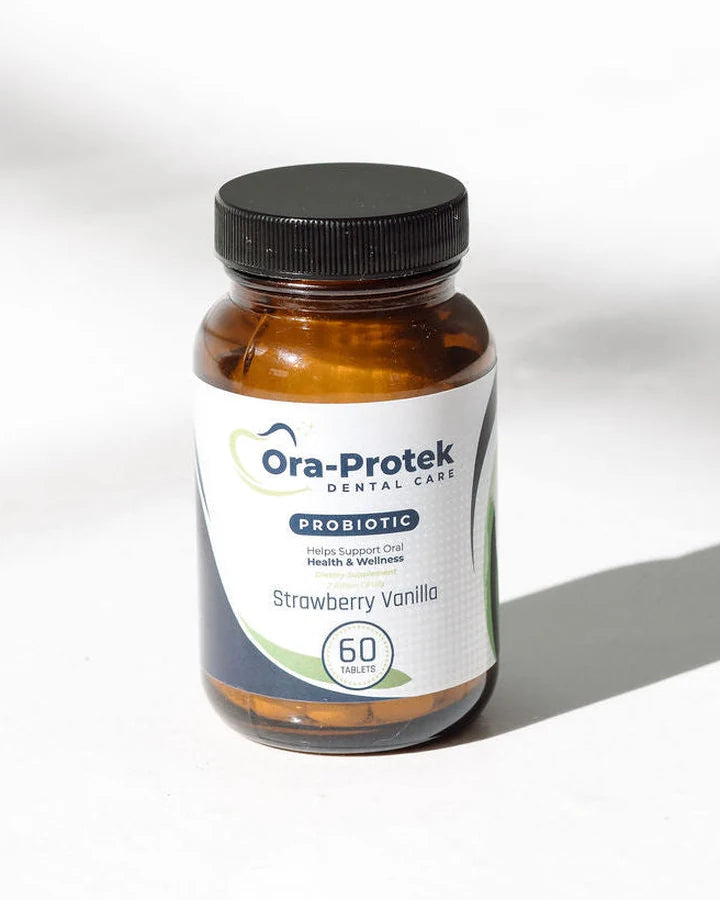 A bottle of Ora-Protek oral probiotic tablets, strawberry vanilla, sixty per bottle.