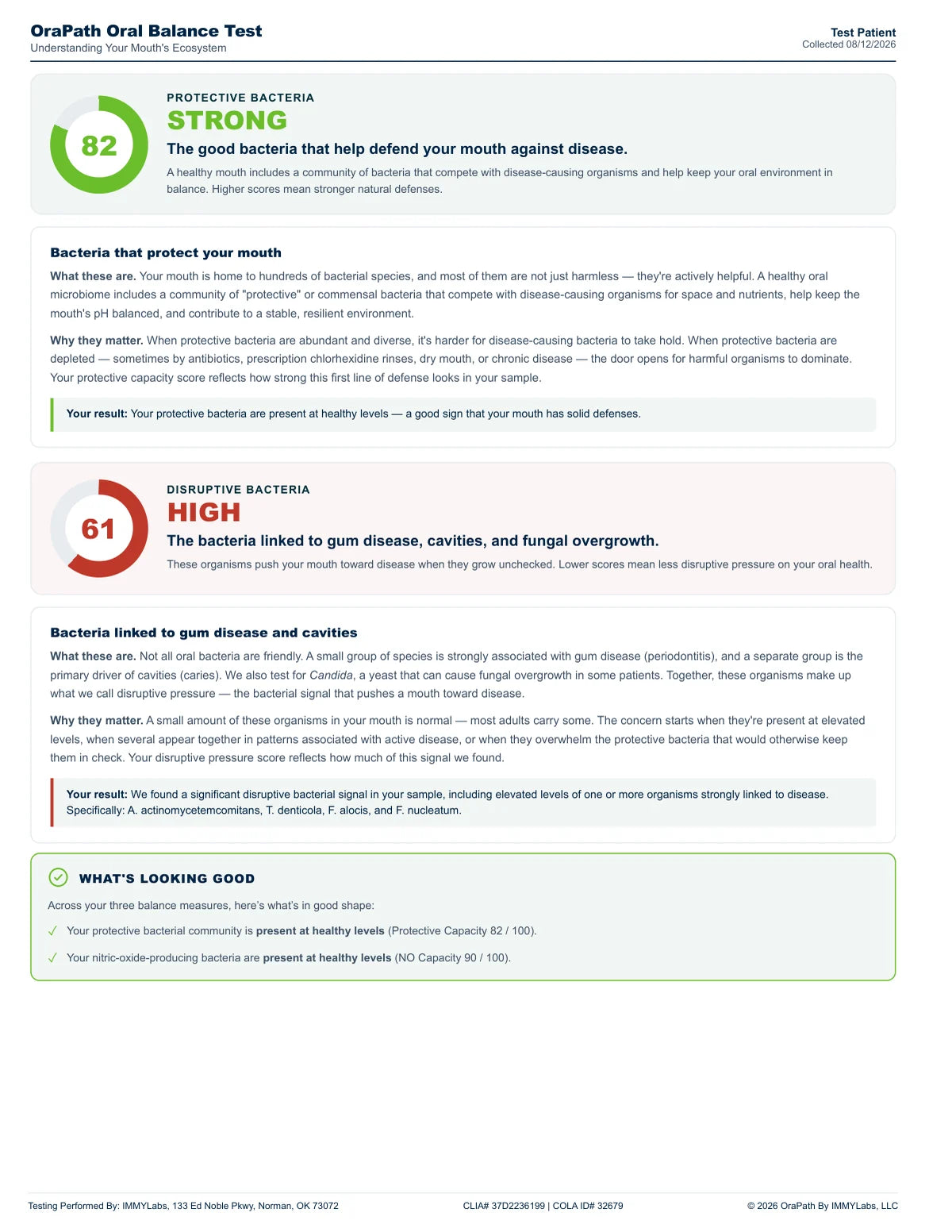 Page 2 of the sample report, comparing protective bacteria against disruptive bacteria.